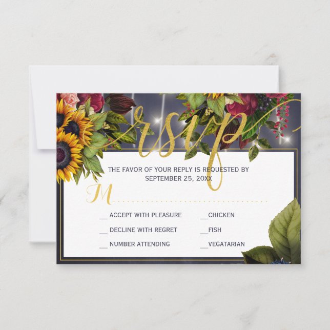 Sunflower and roses navy burgundy rustic wedding RSVP card (Front)