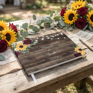 Sunflower and Roses Rustic Wood Wedding Guest Book