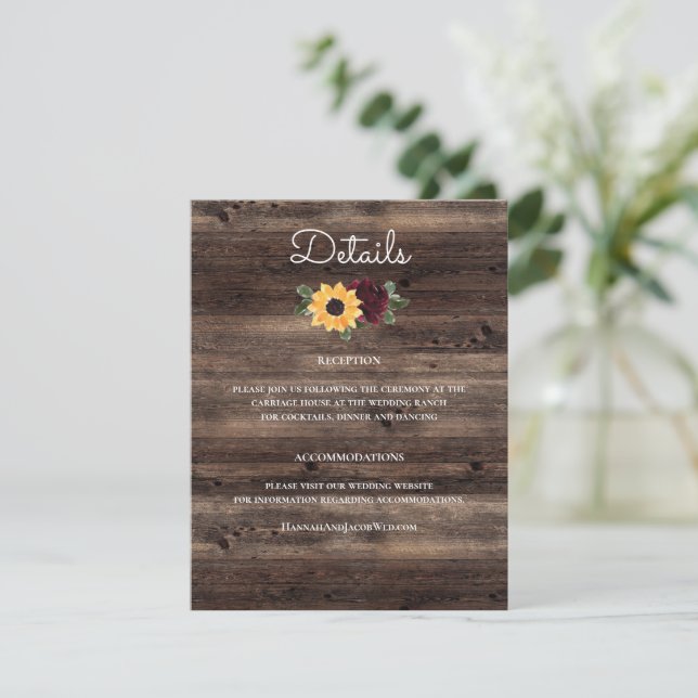 Sunflower and Roses Wood Rustic Wedding Enclosure Card (Standing Front)