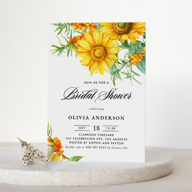 Sunflower and Sea Buckthorn QR Code Bridal Shower Invitation (Botanical bridal shower QR code invitation featuring illustrations of sunflower and sea buckthorn.)