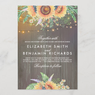 Sunflower and String Lights Rustic Wood Wedding Invitation