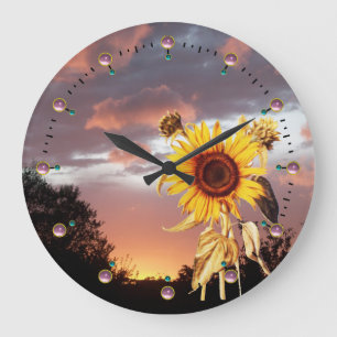 SUNFLOWER AND SUMMER SUNSET WITH PINK CLOUDS LARGE CLOCK