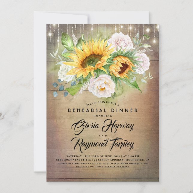 Sunflower and White Rose Rustic Rehearsal Dinner Invitation (Front)