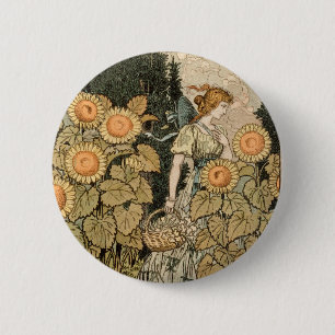 Sunflower Art Nouveau Garden Grasset Woman 6 Cm Round Badge