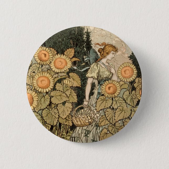 Sunflower Art Nouveau Garden Grasset Woman 6 Cm Round Badge (Front)