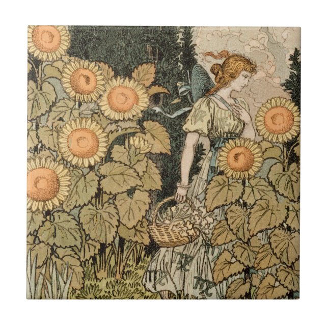 Sunflower Art Nouveau Garden Grasset Woman Ceramic Tile (Front)