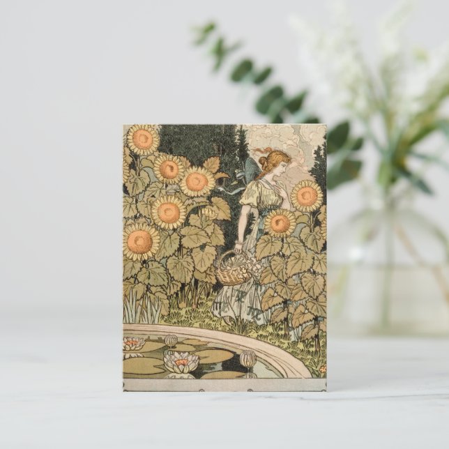 Sunflower Art Nouveau Garden Grasset Woman Postcard (Standing Front)
