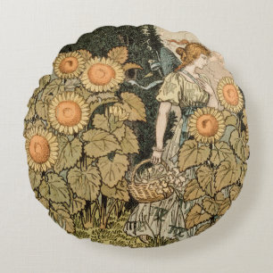 Sunflower Art Nouveau Garden Grasset Woman Round Cushion