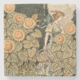 Sunflower Art Nouveau Garden Grasset Woman Stone Coaster