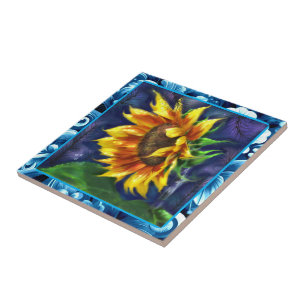 Sunflower at Night Blue Yellow Green Flower Floral Ceramic Tile