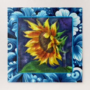 Sunflower at Night Blue Yellow Green Flower Floral Jigsaw Puzzle