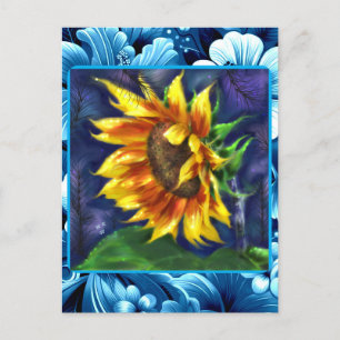 Sunflower at Night Blue Yellow Green Flower Floral Postcard