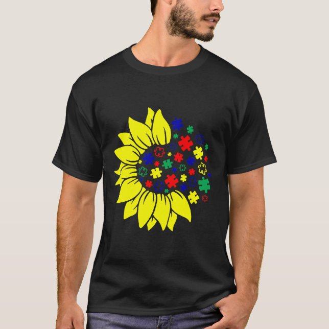 Sunflower Autism Puzzle Piece Cool Awareness T-Shirt (Front)