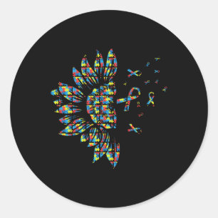 Sunflower Autism Puzzle Piece Ribbon Cool Awarenes Classic Round Sticker