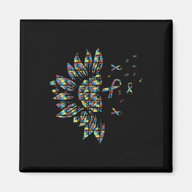 Sunflower Autism Puzzle Piece Ribbon Cool Awarenes Magnet (Front)