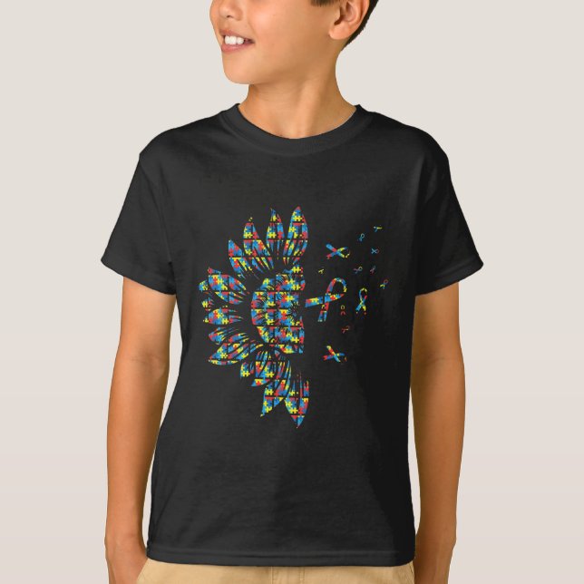 Sunflower Autism Puzzle Piece Ribbon Cool Awarenes T-Shirt (Front)