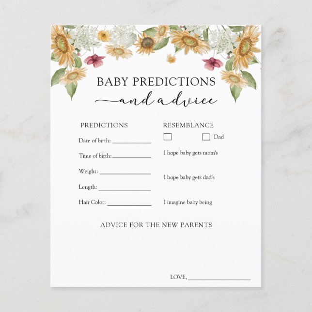 Sunflower Baby Advice and Predictions Card (Front)