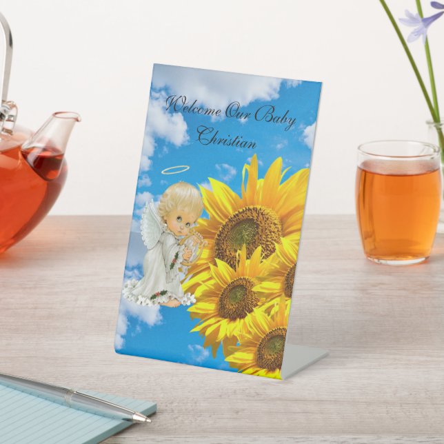 Sunflower Baby Angel Floral Pedestal Sign (In SItu)