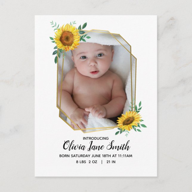 Sunflower Baby Birth Announcement Postcard (Front)