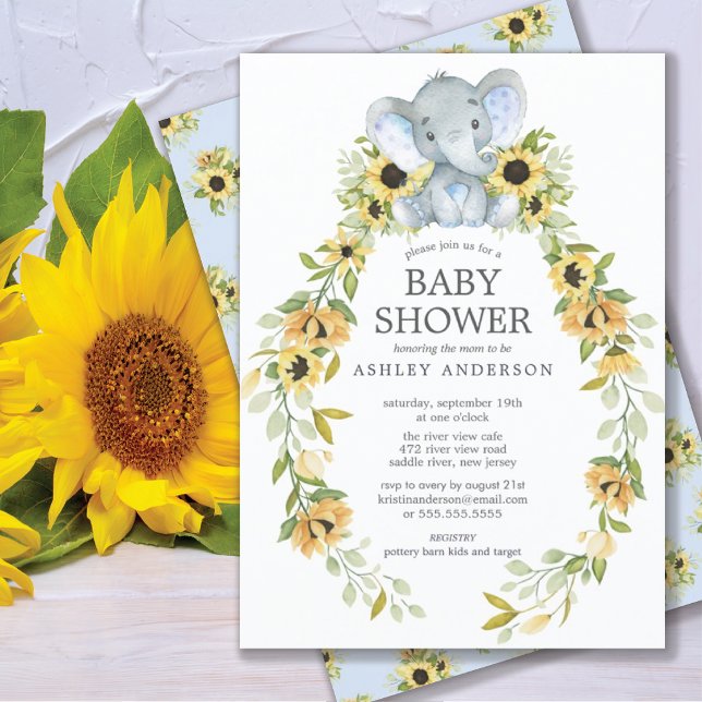 Sunflower & Baby Elephant Boys Baby Shower Invitation (Creator Uploaded)