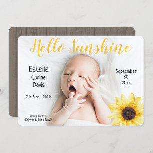 Sunflower Baby Rustic Photo Birth Announcement