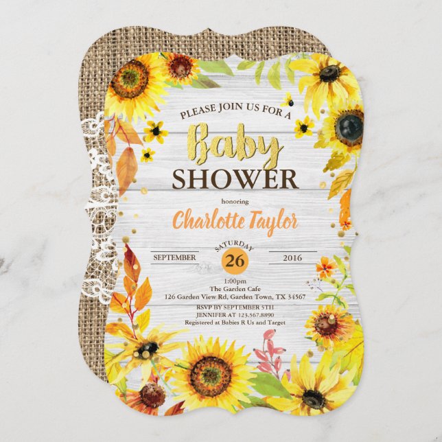 Sunflower baby shower invitation rustic wood (Front/Back)