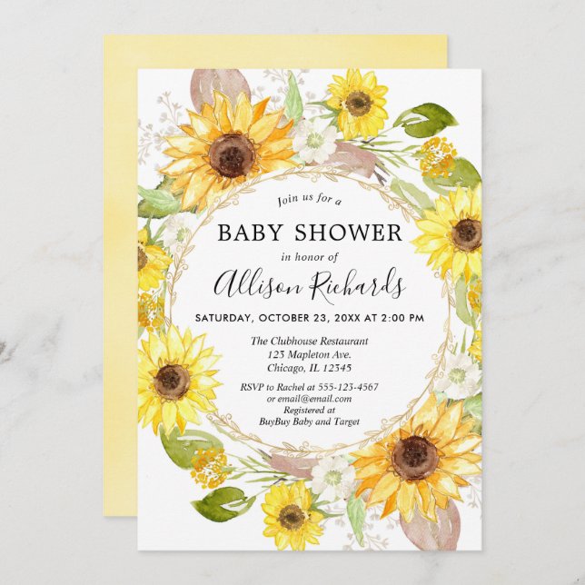 Sunflower baby shower invitations watercolor (Front/Back)