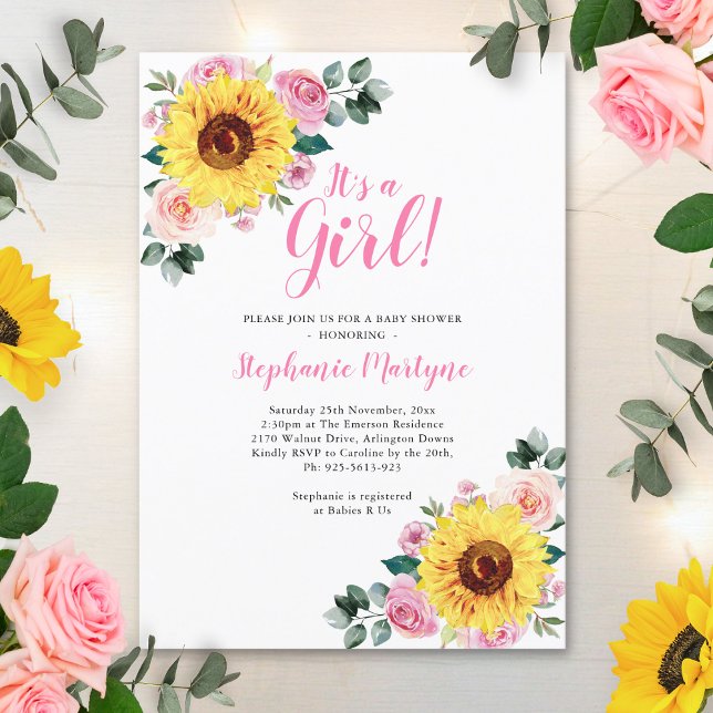 Sunflower Baby Shower It's A Girl Pink Invitation (Creator Uploaded)