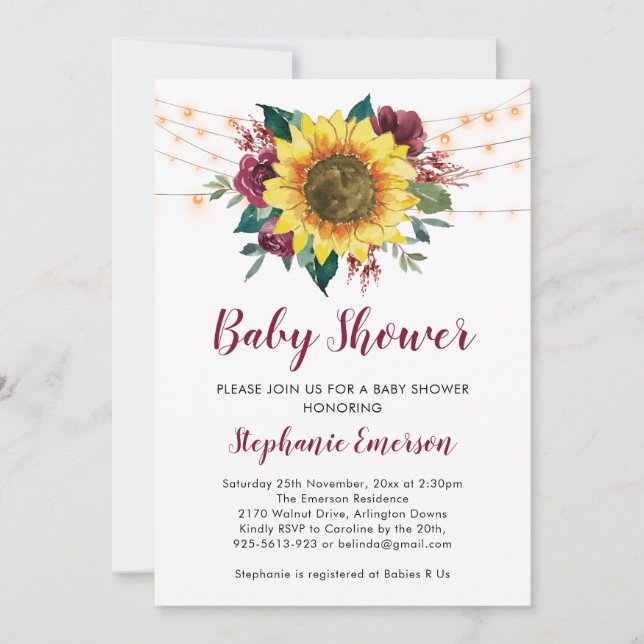 Sunflower Baby Shower Lights Floral Invitation (Front)