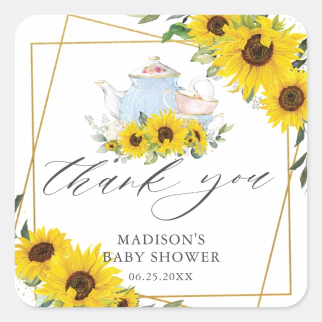 Sunflower Baby Shower Tea Party Thank You Favour Square Sticker (Front)