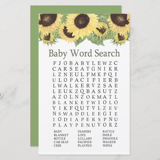 Sunflower Baby Shower Word Search Game (Front/Back)