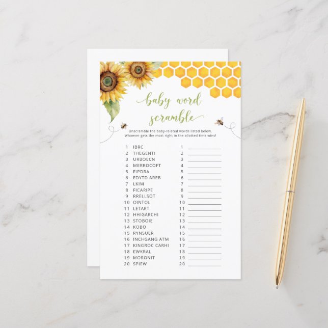 Sunflower Baby Word Scramble Baby Shower Game  (Front/Back In Situ)