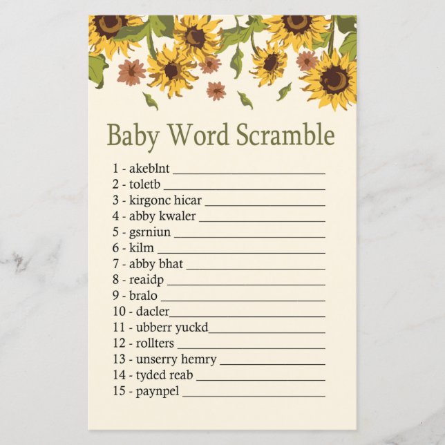 Sunflower Baby word scramble game (Front)