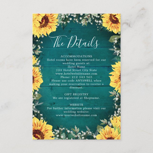 Sunflower Babys Breath Border Teal Wedding Details Enclosure Card (Front)