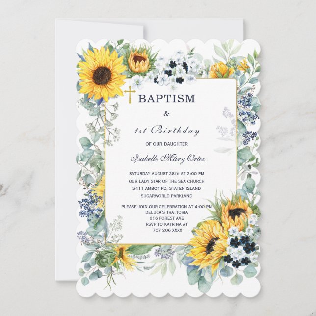  Sunflower Baptism and First Birthday  Invitation (Front)
