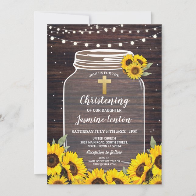 Sunflower Baptism Cross Christening Wood Jar Invitation (Front)