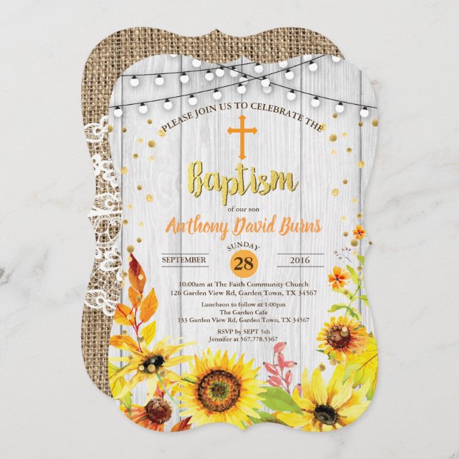Sunflower baptism invitation rustic wood burlap (Front/Back)