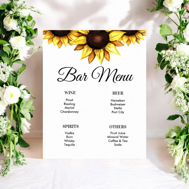 Sunflower Bar Menu White Yellow Floral Sign Poster (Creator Uploaded)