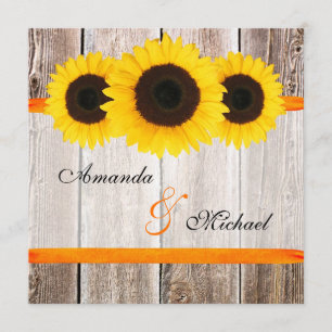 Sunflower Barn Wood Orange Ribbon Wedding Invitation