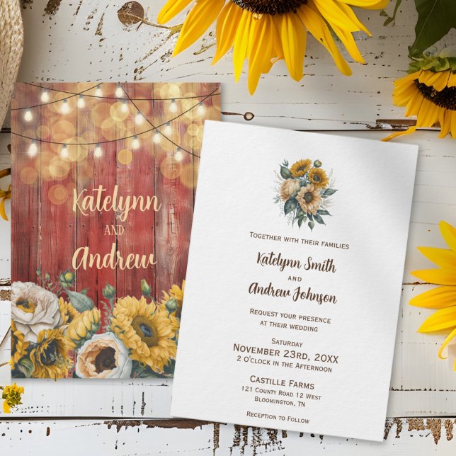 Sunflower Barn Wood String Lights Rustic Wedding Invitation (Creator Uploaded)