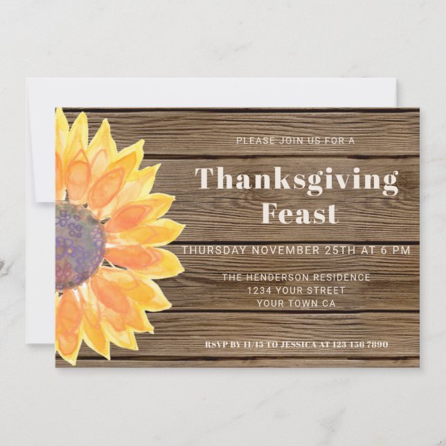 Sunflower Barn Wood Thanksgiving Dinner Invitation (Front)
