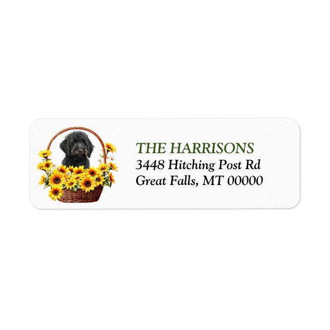 Sunflower Basket Black Labradoodle Dog Return Address Label (Front)