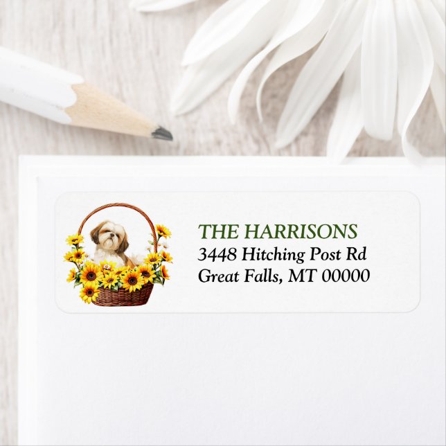 Sunflower Basket Shih Tzu Dog Return Address Label (Insitu)
