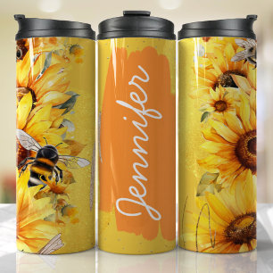 Sunflower Bee Add Name Custom Gift Thermal Tumbler