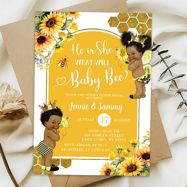 Sunflower Bee Afro Girl Gender Reveal Invitation (Creator Uploaded)