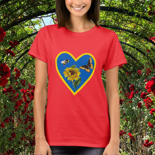 Sunflower Bee and Butterfly Blue and Yellow Heart T-Shirt