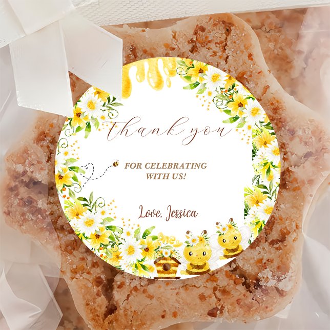 Sunflower Bee Baby Shower Classic Round Sticker (Creator Uploaded)