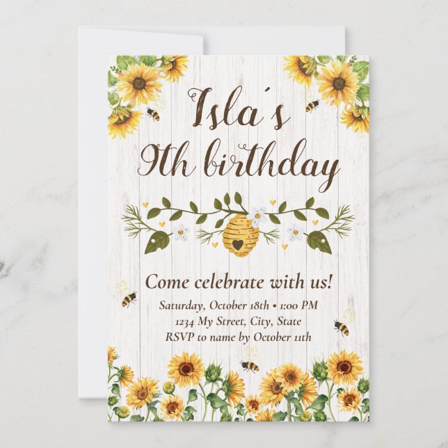 Sunflower & Bee Birthday Invitation (Front)
