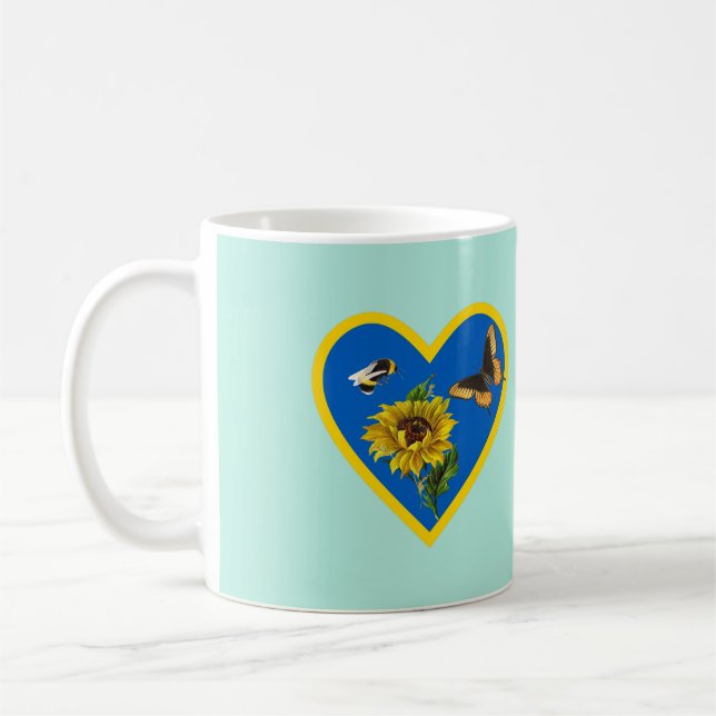 Sunflower Bee Butterfly Blue Yellow Heart on Mint  Coffee Mug (Left)