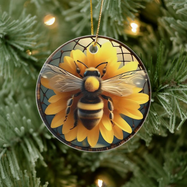 Sunflower Bee Dreamcatcher, Ceramic Ornament (Tree)